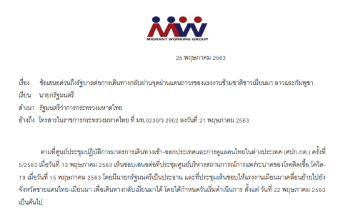 ข้อเสนอด่วนถึงรัฐบาลต่อการเดินทางกลับผ่านจุดผ่านแดนถาวรของแรงงานข้ามชาติชาวเมียนมา ลาวและกัมพูชา